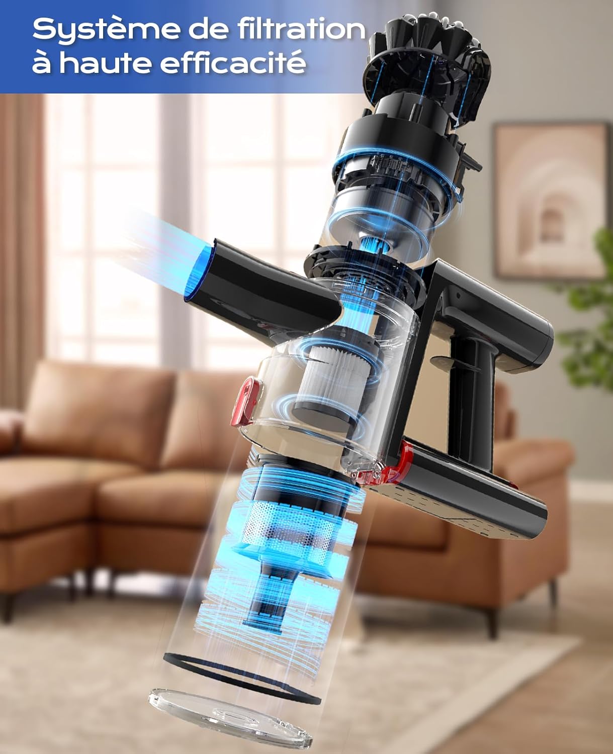 Aspirateur balai sans fil - 450W, 40KPA, 50min autonomie, LED verte, brosse sols/tapis, bleu