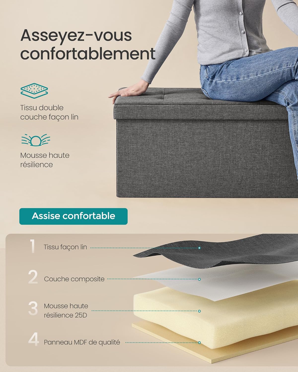 SONGMICS - banc de rangement pliable - 38x76x38 cm - coffre solide 300kg, gris foncé LSF47K