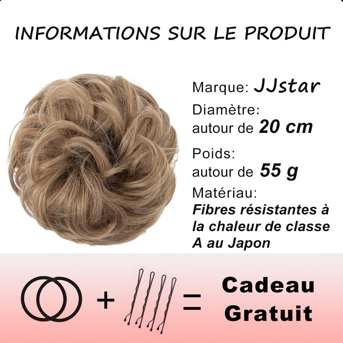 JJstar - Chignon postiche bouclé, élastique, cheveux naturels, mélange brun blond