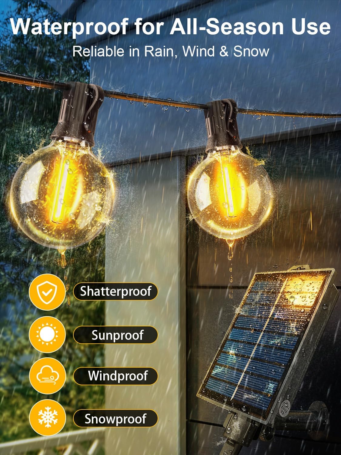 Guirlande Solaire Extérieure - G40 - 7.5m, 10+1 ampoules, 8 modes, IP44