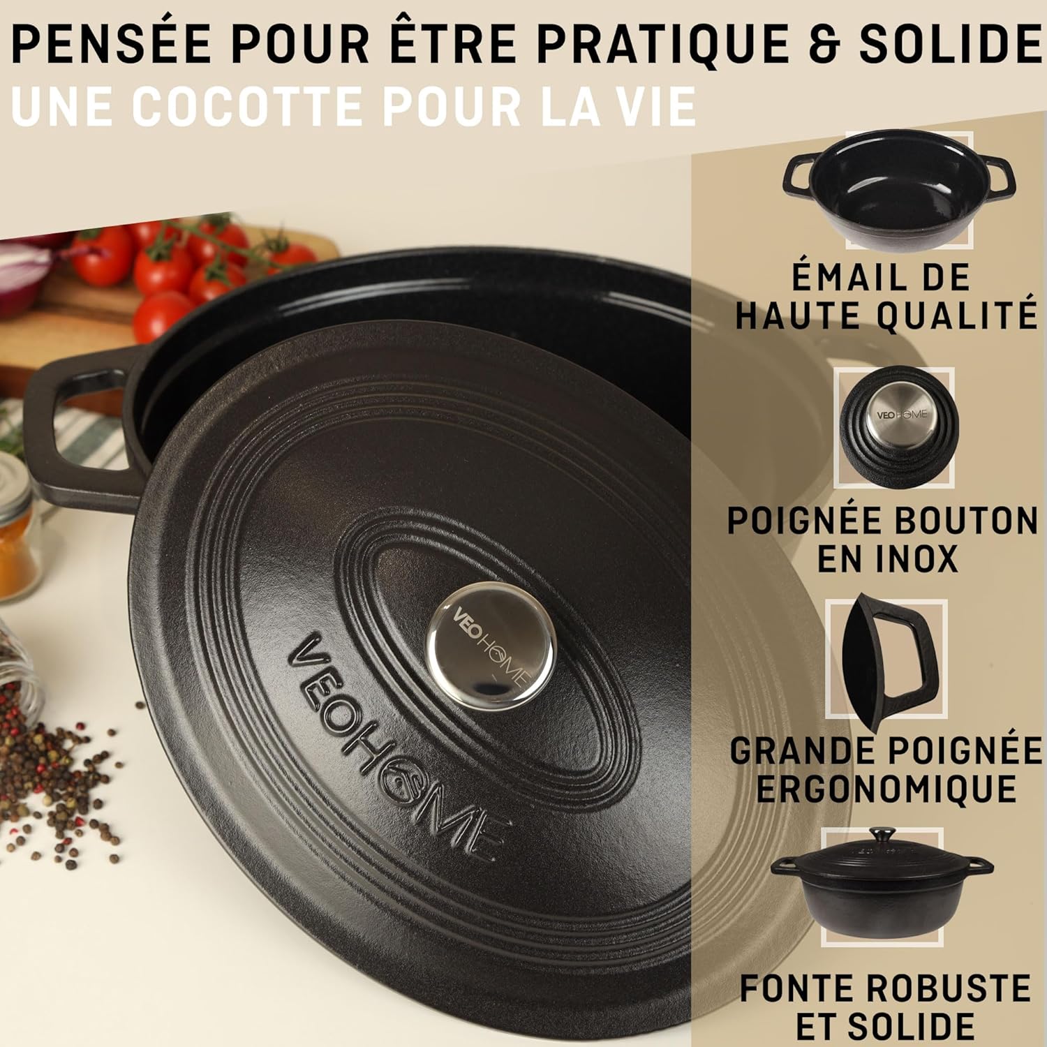 VeoHome - Cocotte fonte émaillée ovale 6L - noir mat, ultra résistante, induction, four, couvercle relief