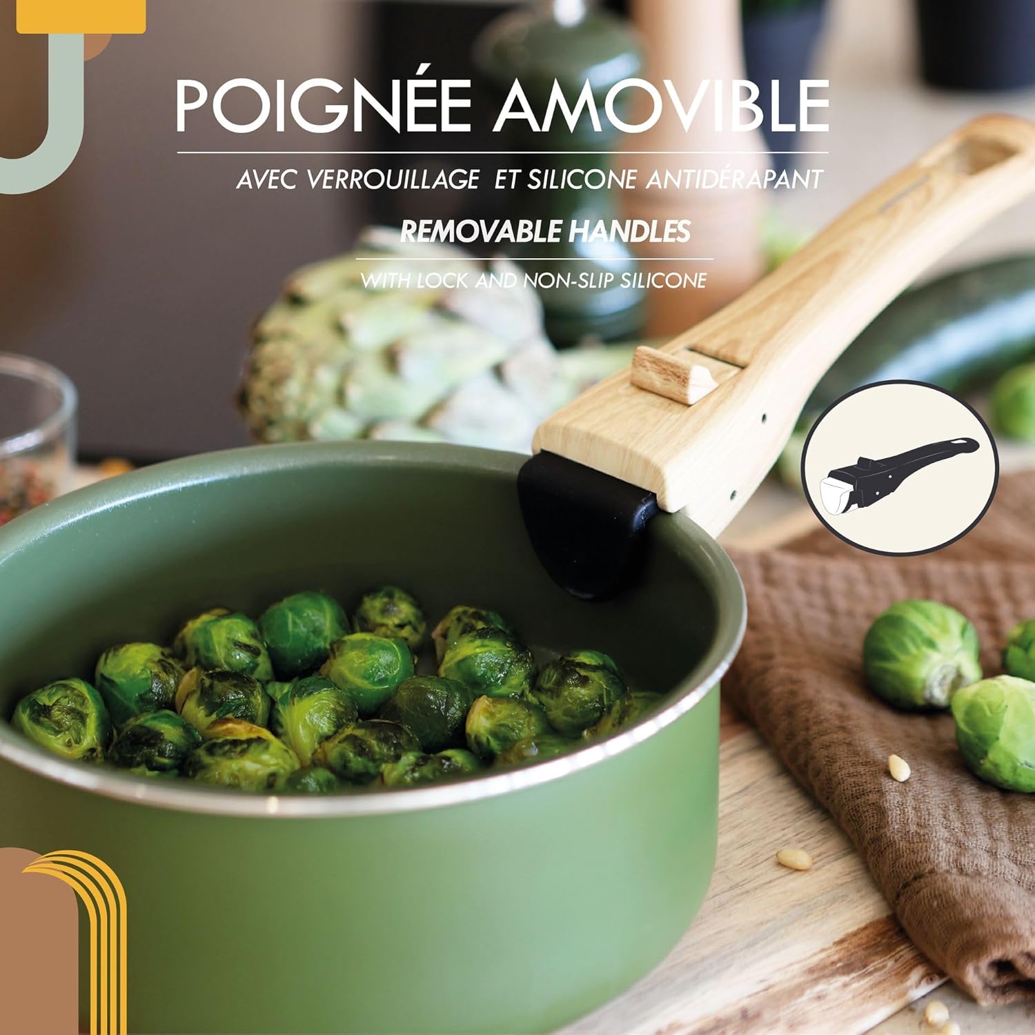 MENASTYL - Colorama batterie cuisine amovible, olive, induction, 4 pièces + poignée