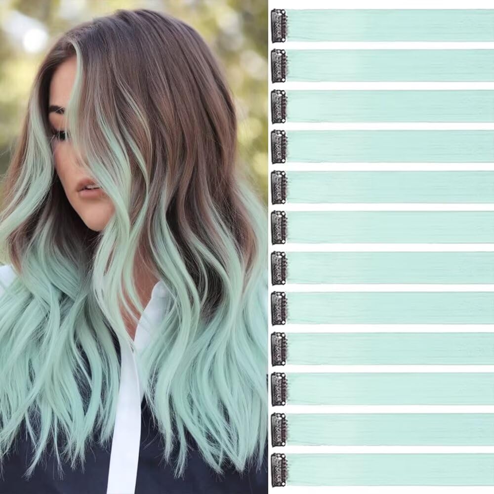Mèches de cheveux à clipser - Lot de 12 - 55 cm - Vert canard, extensions pour tresses