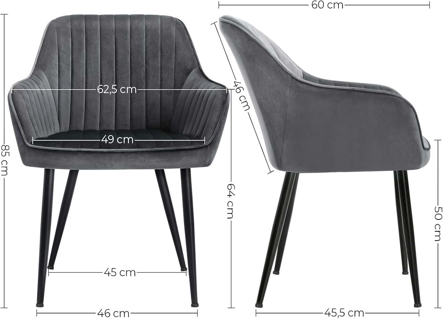 SONGMICS - fauteuil salle à manger, assise 49 cm, velours, pieds métal, accoudoirs, 110 kg, gris LDC087G01