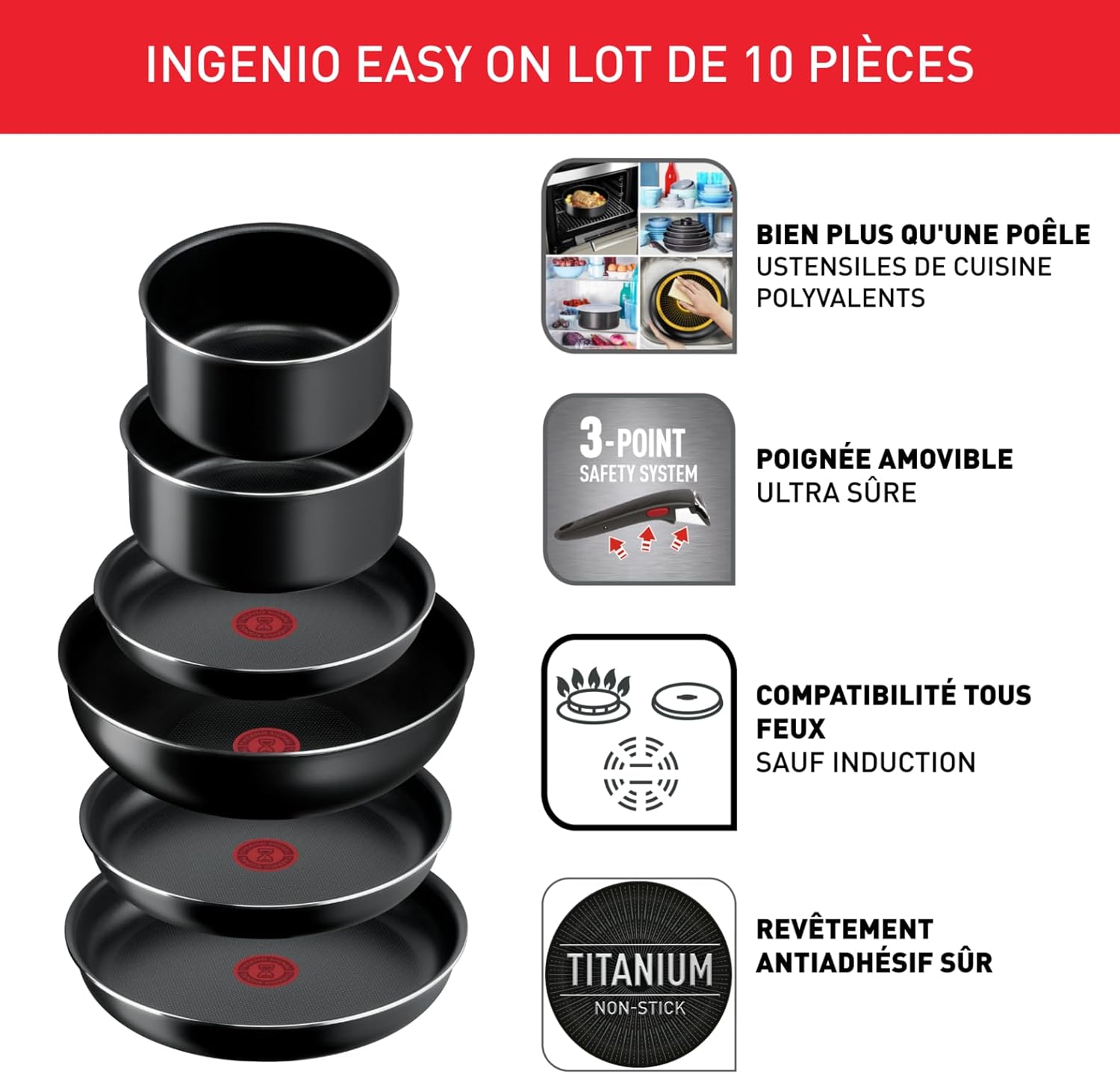 Tefal - Ingenio Easy On - batterie 10 pcs - antiadhésif, empilable, lave-vaisselle - L1599802