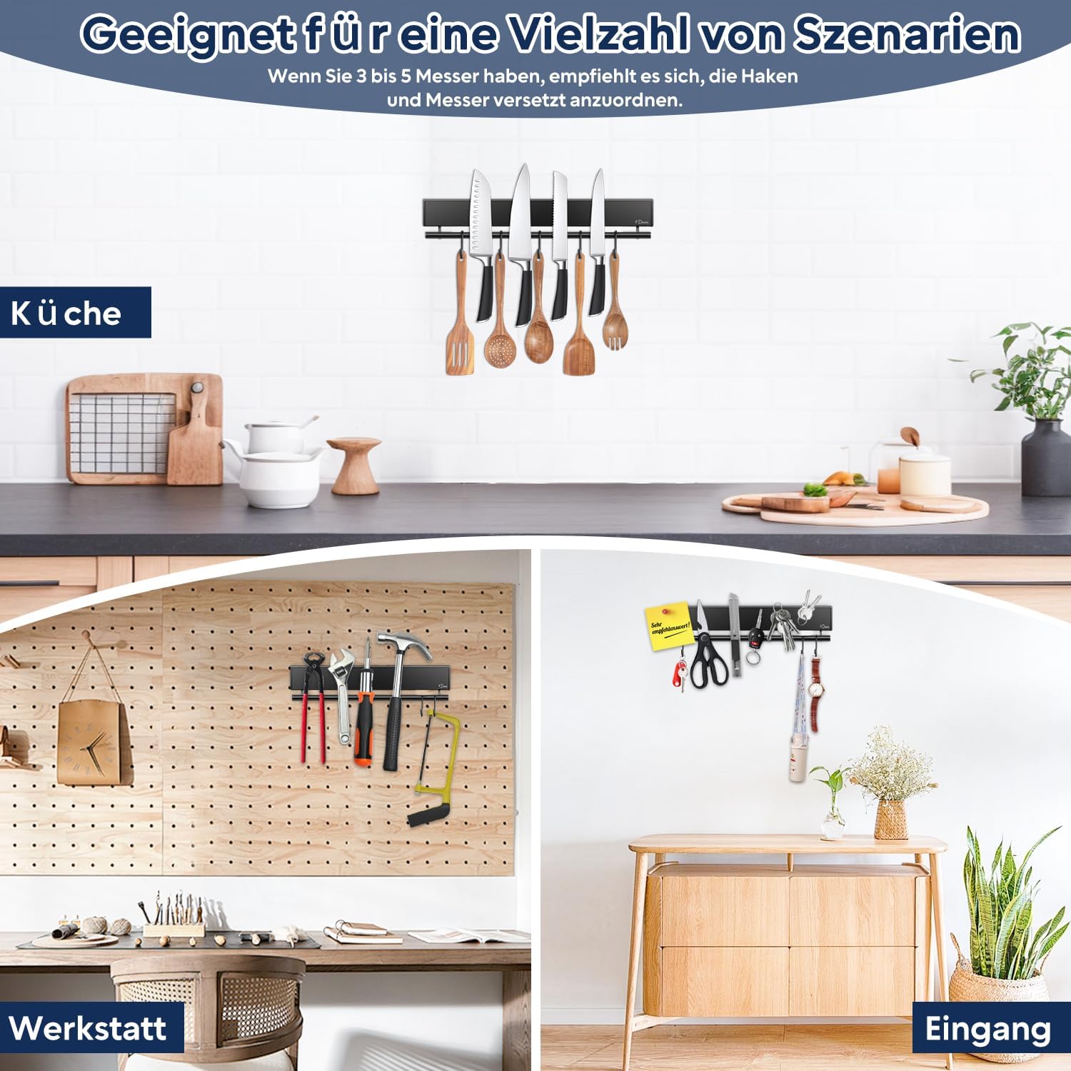 Dmore - barre magnétique à couteaux 30cm, 5 crochets, fixation adhésive