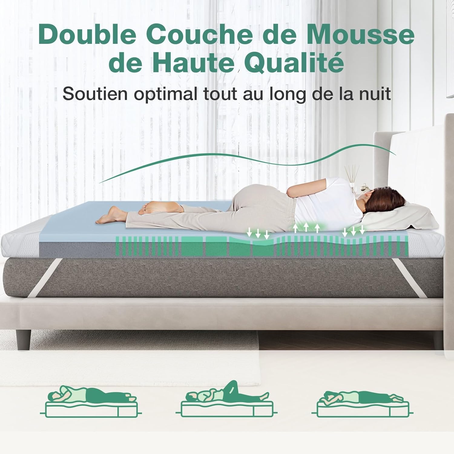 Novilla - surmatelas 135x190 - mousse mémoire gel, doux, antidérapant, lavable