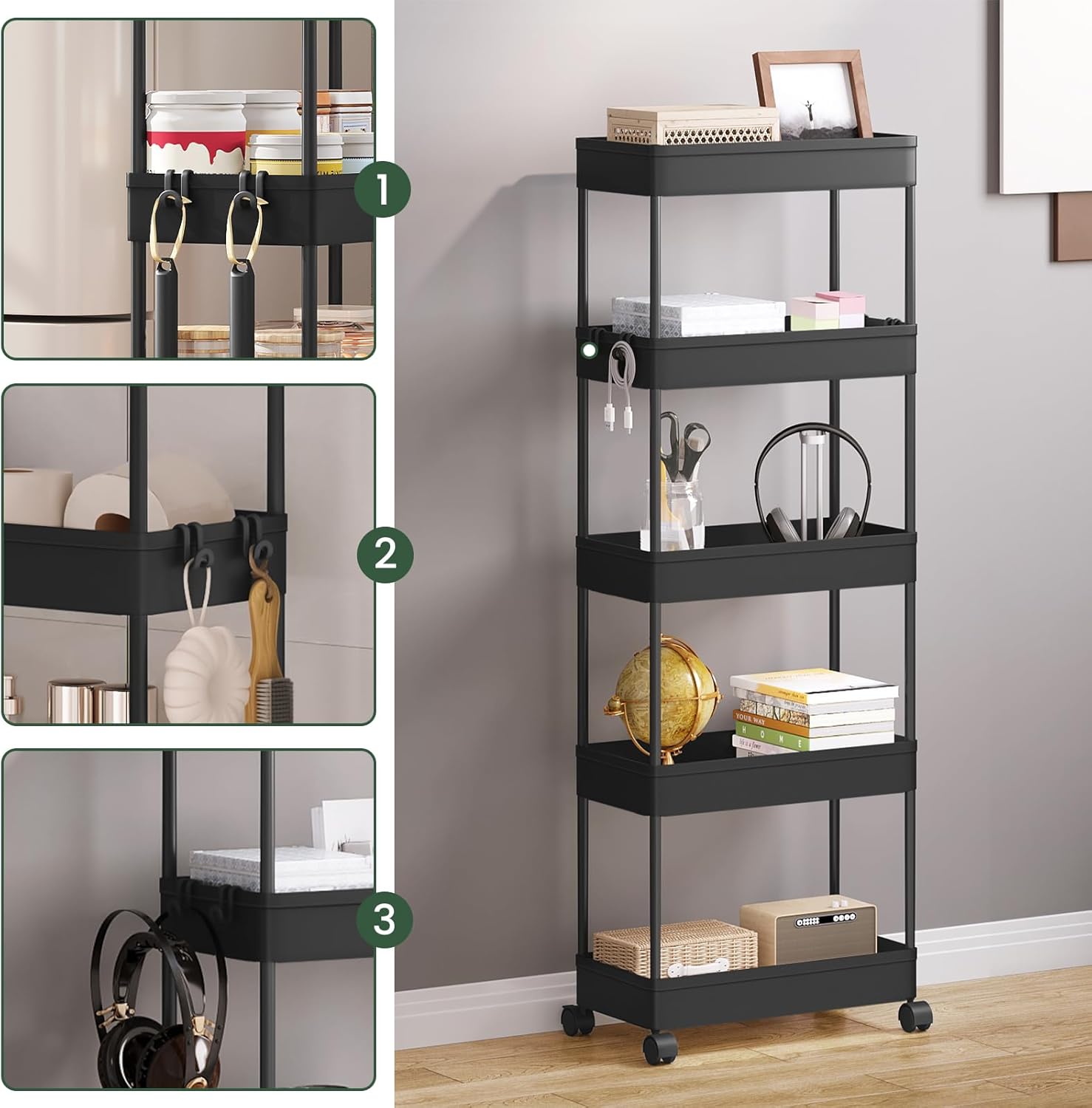 Chariot de rangement à roulettes 5 niveaux, plastique et métal, 4 crochets, noir