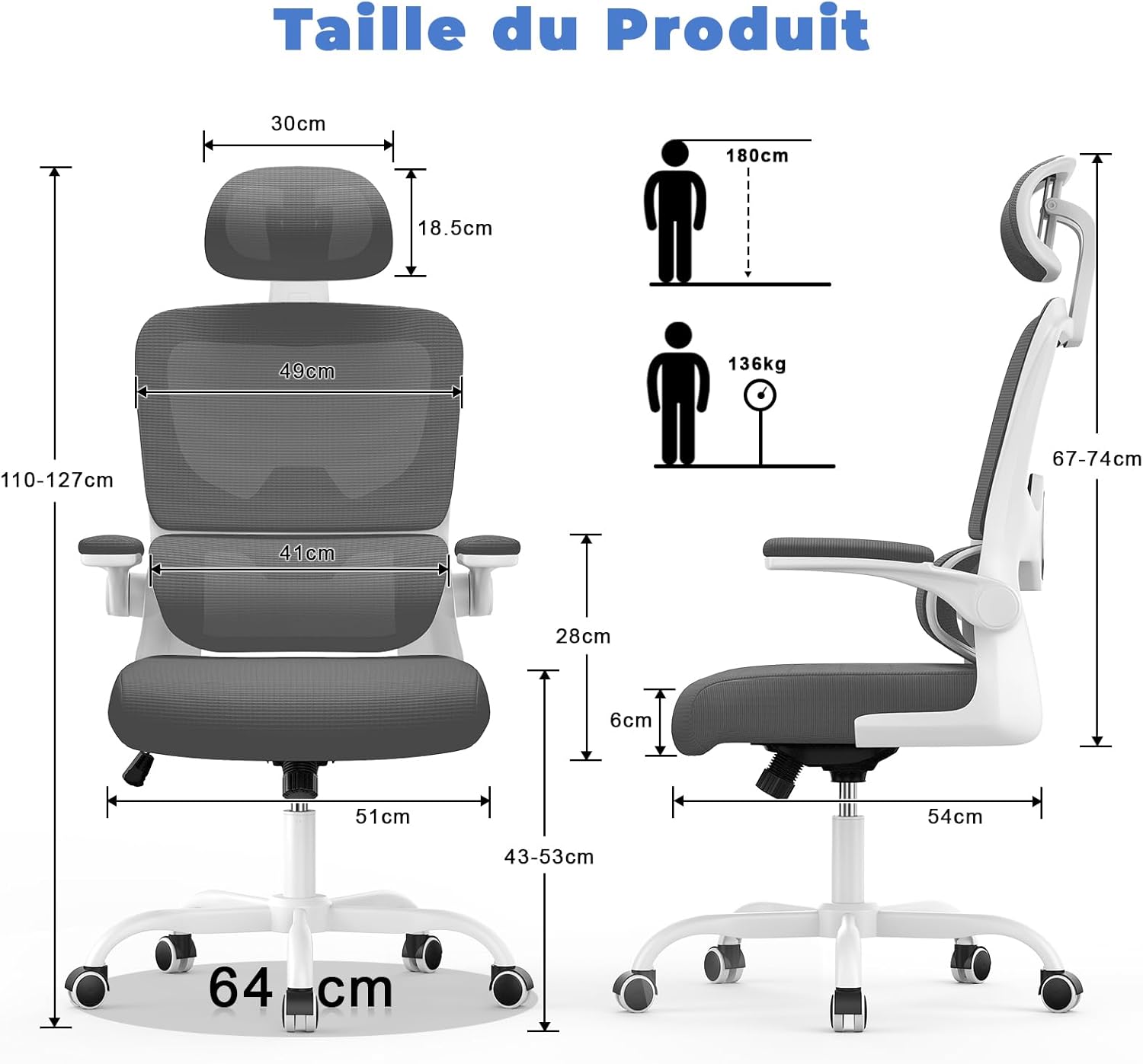 Chaise de bureau ergonomique - support lombaire réglable - appui-tête, accoudoirs réversibles, maille respirante - gris 