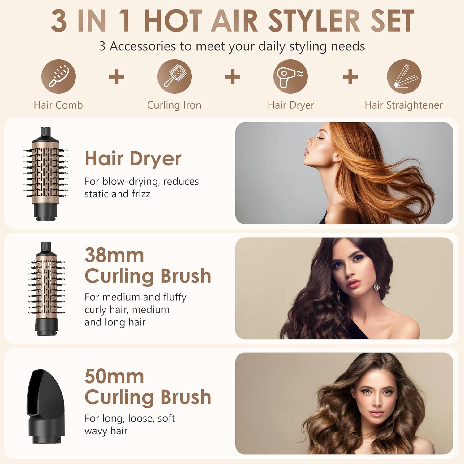 Brosse soufflante rotative 800W - 3 en 1, 38/50mm, 2 vitesses, ionique