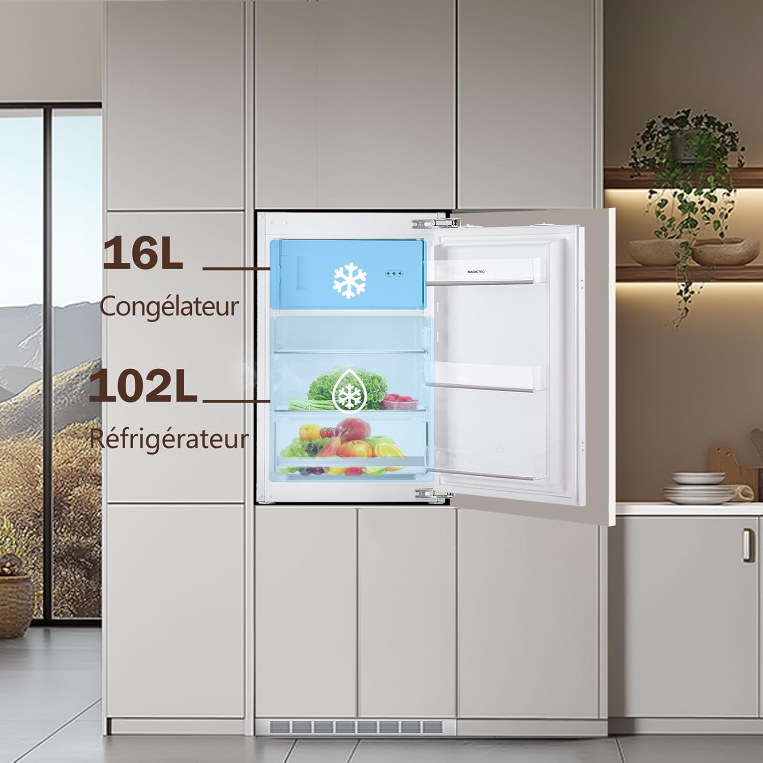 magictec - Réfrigérateur encastrable 118L, niche 88cm, poignée modulable