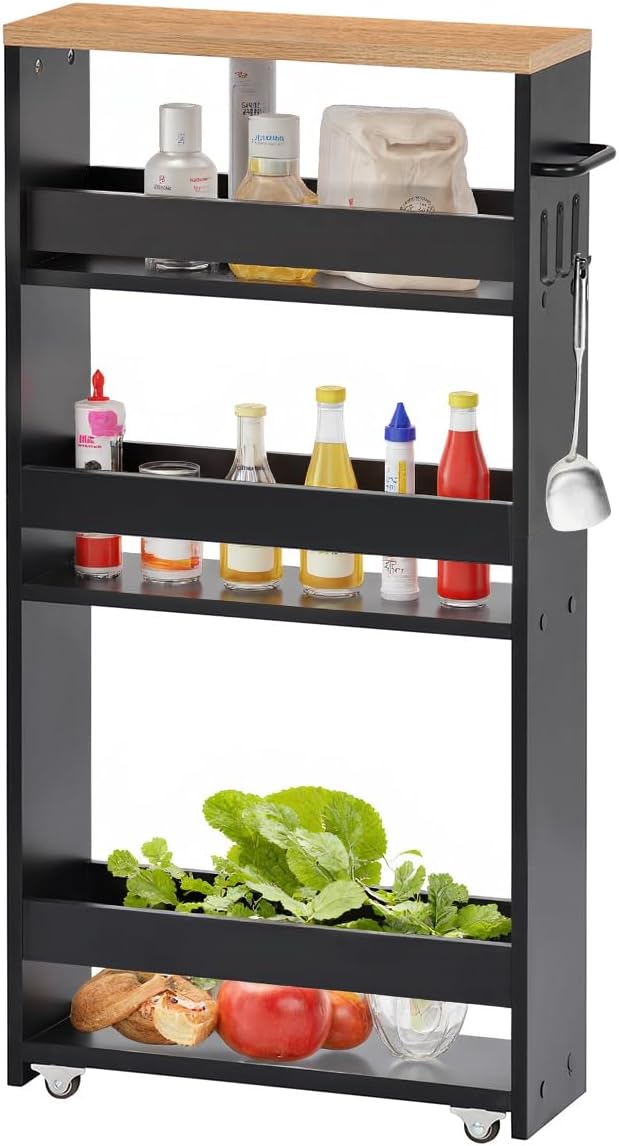 Chariot de rangement 15 cm, 4 niveaux, poignée et crochets, noir/naturel