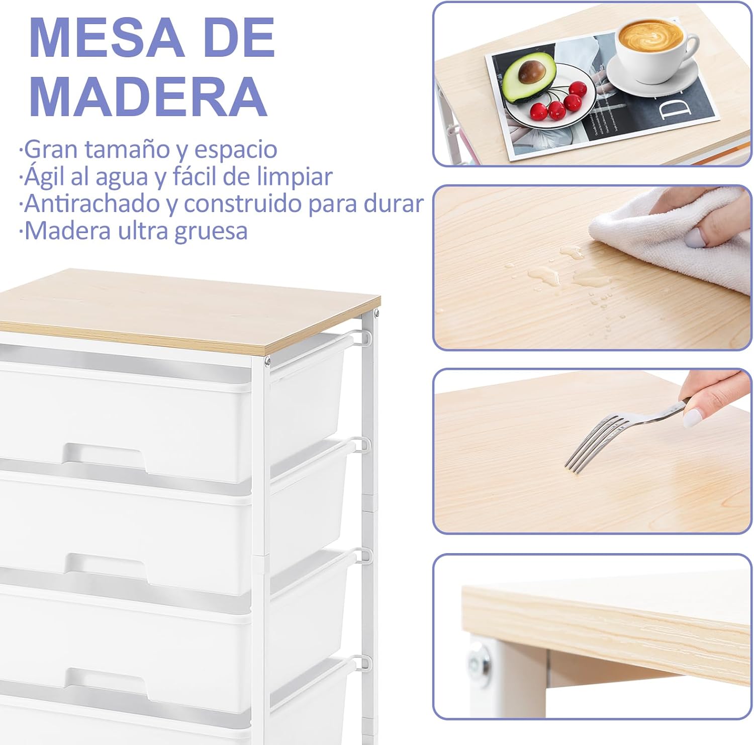 Chariot de rangement - 4 tiroirs, roulettes, plateau bois, blanc, grande capacité, cuisine/salon, 60x40x80 cm