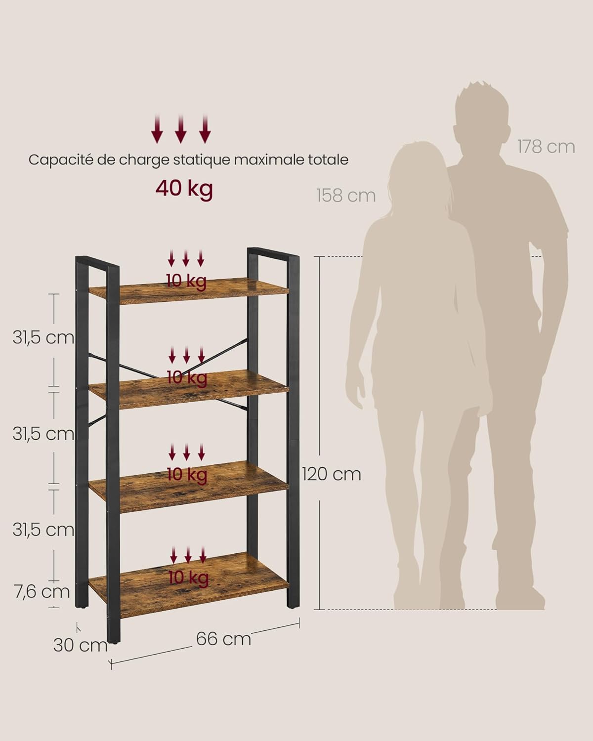 VASAGLE - étagère 4 niveaux, style industriel, 30x66x120cm, LLS60BX