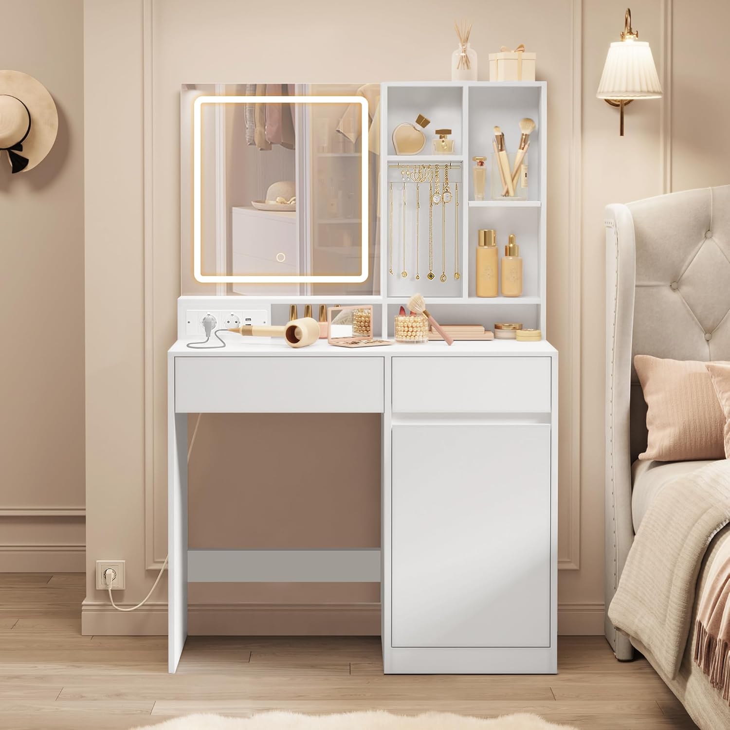 VASAGLE - Kailyn Collection - 90 cm - coiffeuse LED, 3 éclairages, tiroir, multiprise, blanc RDT134WB01