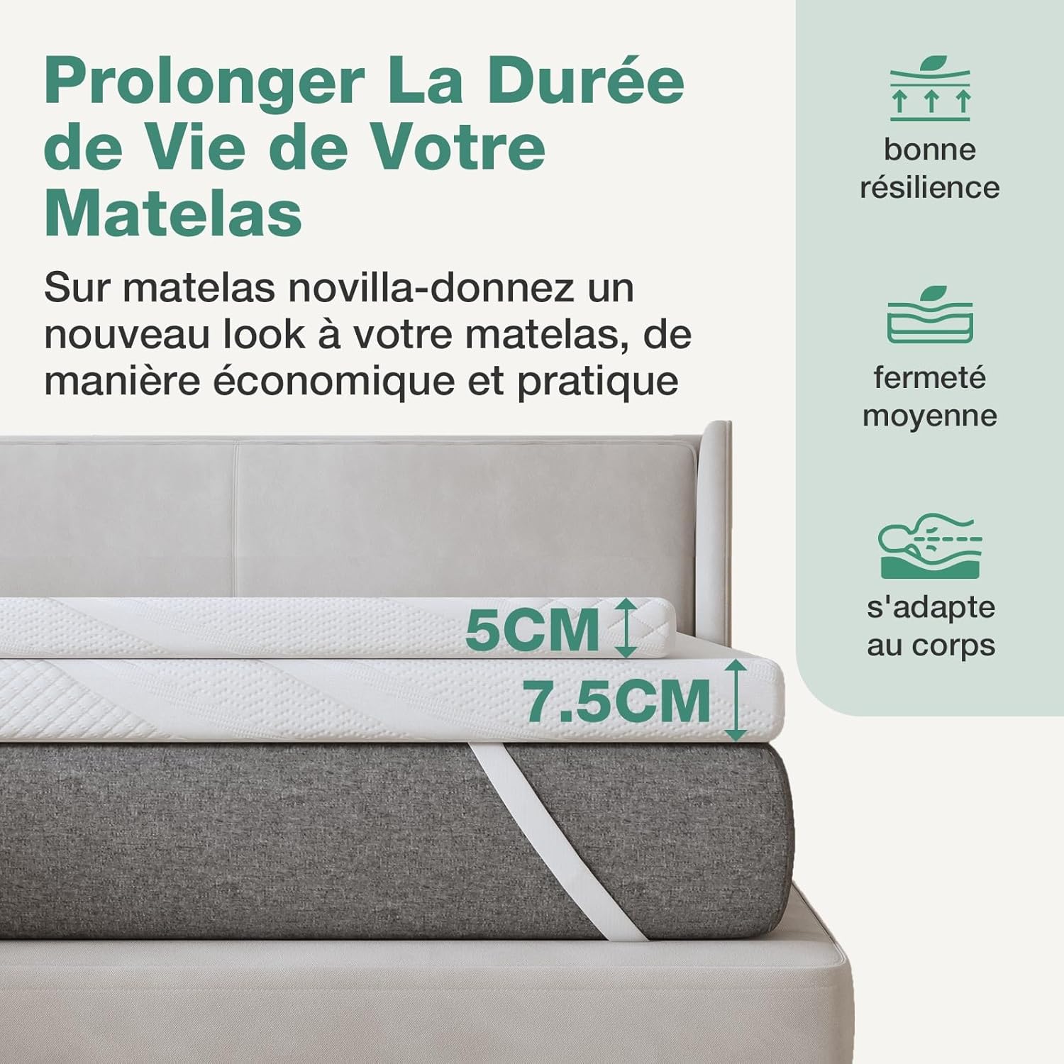 Novilla - surmatelas 135x190 - mousse mémoire gel, doux, antidérapant, lavable