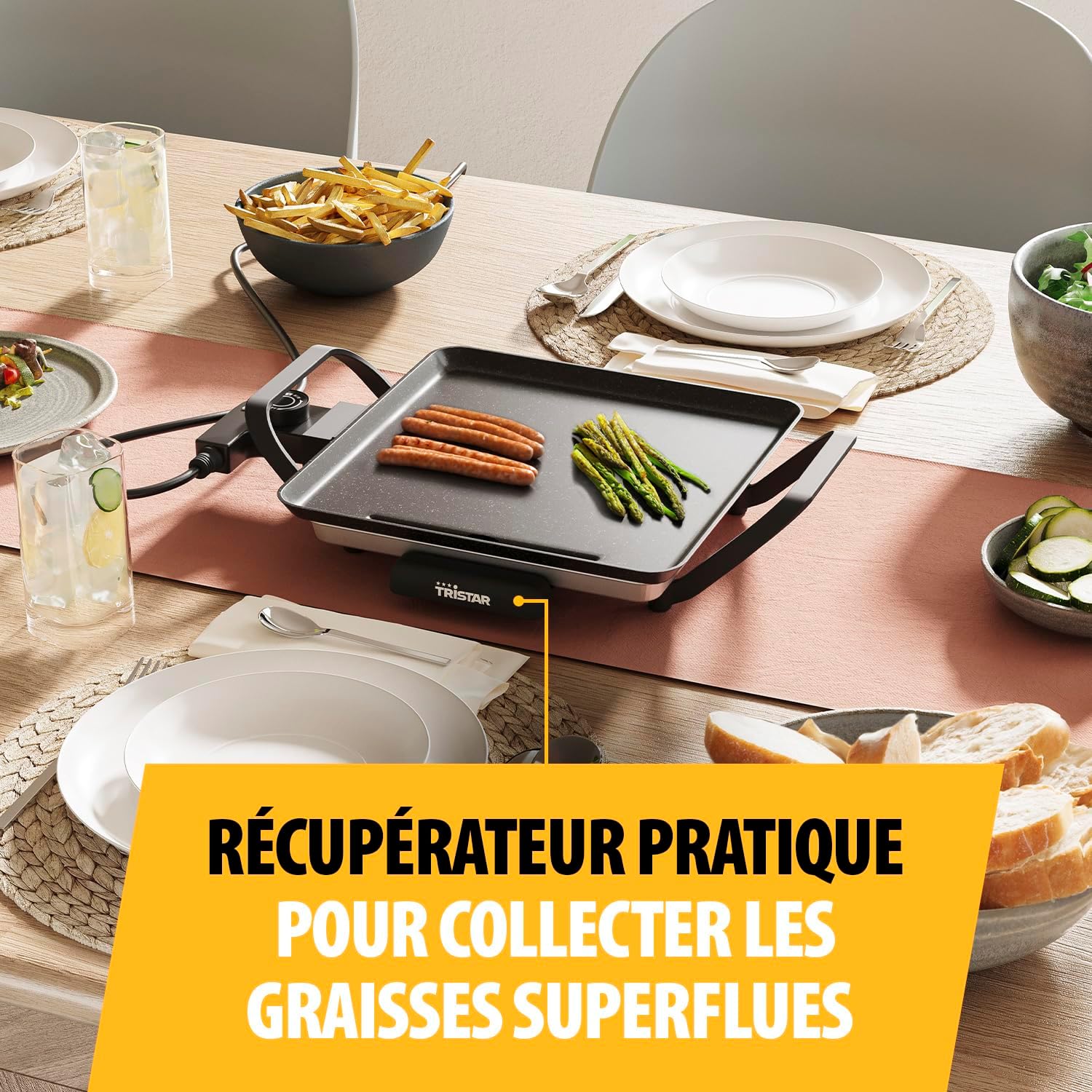 Tristar - Table Grill Slim M - 28x28 cm - Thermostat réglable, antiadhésif, bac amovible - BP-2666