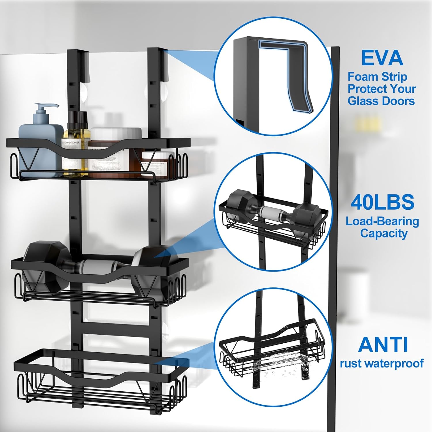 Étagère de douche suspendue - 3 paniers réglables - noir - sans perçage