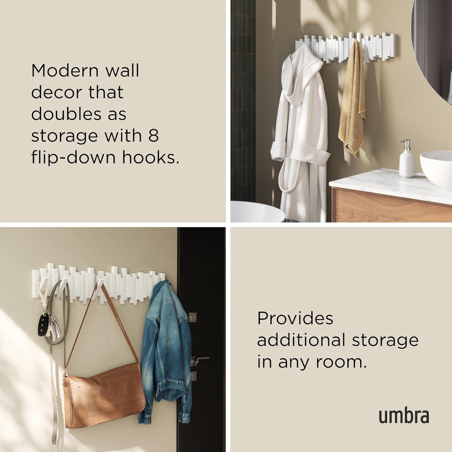 Umbra - Sticks - porte-manteau mural, 8 crochets, blanc, design contemporain