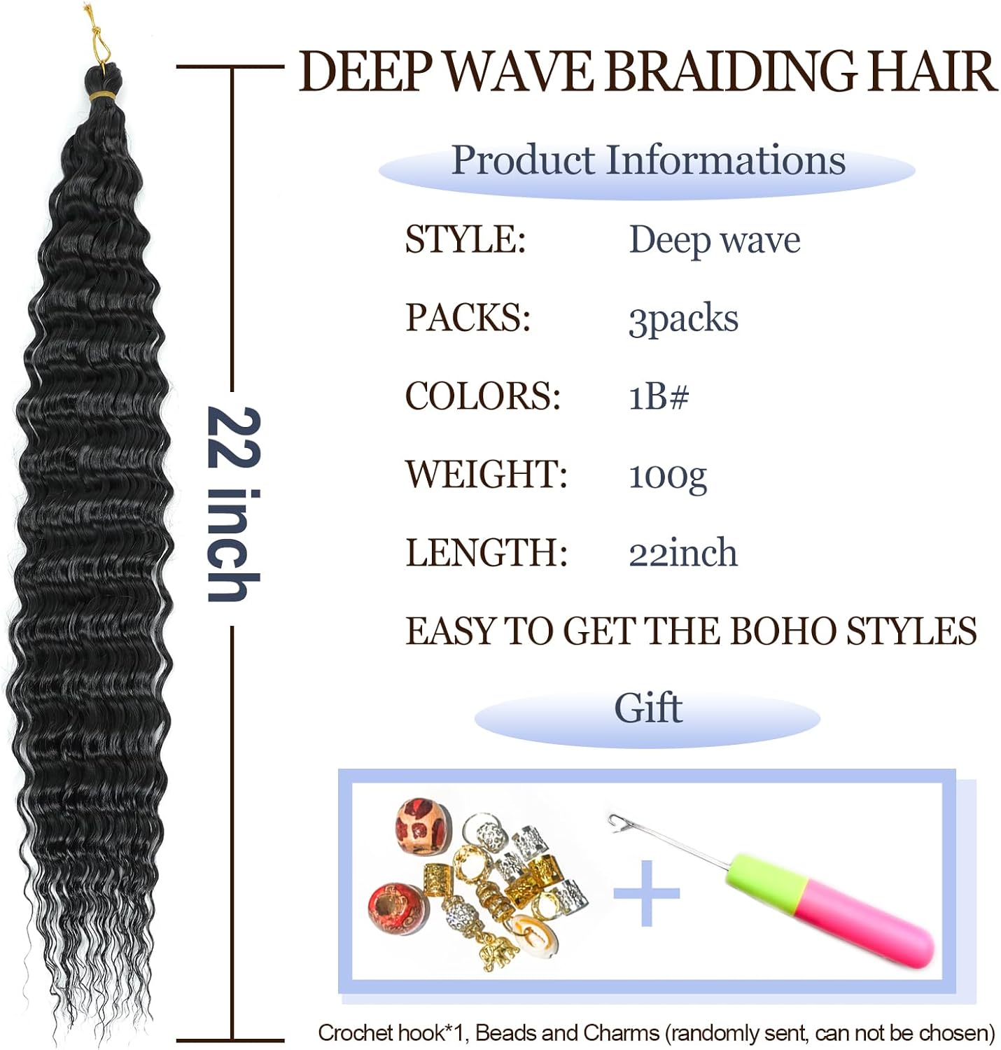 Extensions cheveux - Deep Twist Ocean Wave - 22 pouces, lot de 3, synthétique bouclé