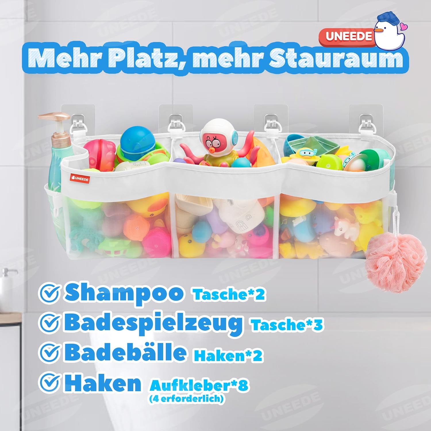 Rangement pour jouets de bain, 3 compartiments, maille, sac baignoire