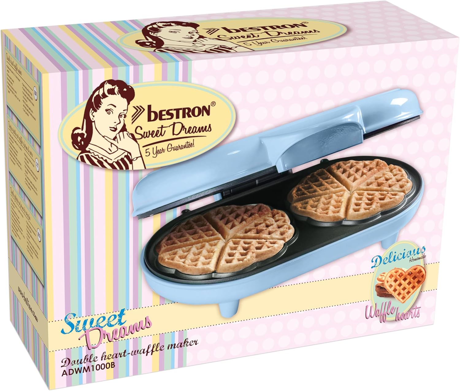 Bestron - Gaufrier double Sweet Dreams - antiadhésif, bleu, cœurs