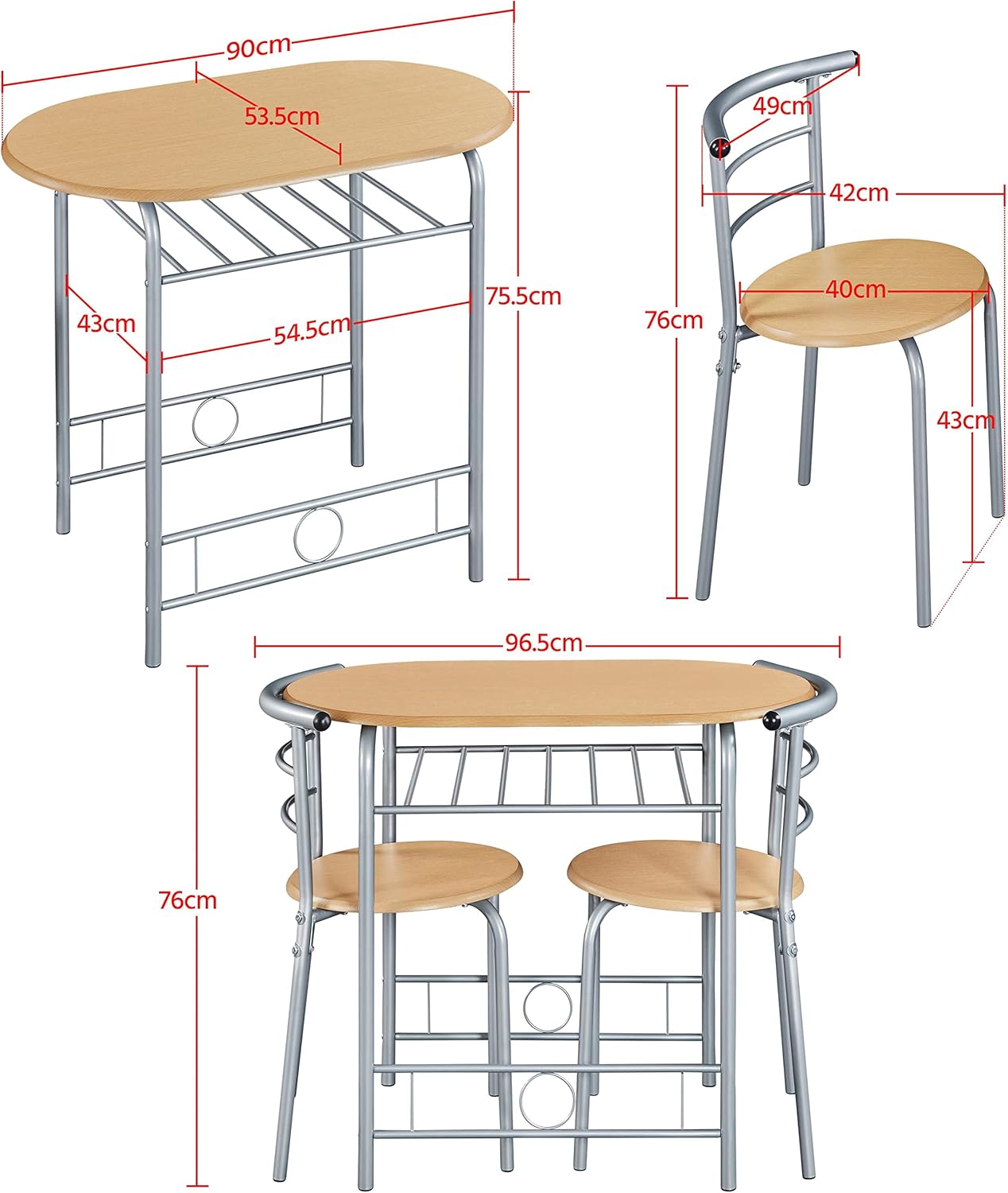 Yaheetech - ensemble table à manger ronde 90x53x75,5cm bois/métal 3 pièces