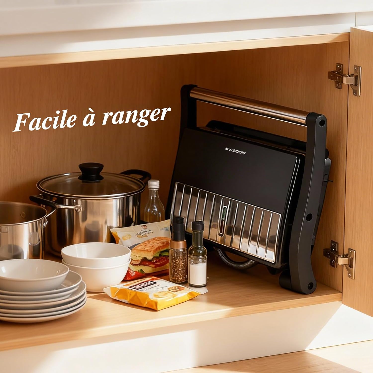 Aigostar - York Pro - grill panini 1000W, plaques antiadhésives, ouverture 180°