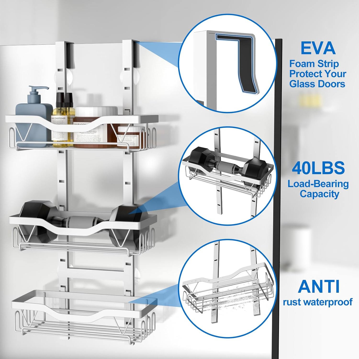 Étagère douche - 3 paniers réglables, sans perçage, blanc, 3 couches