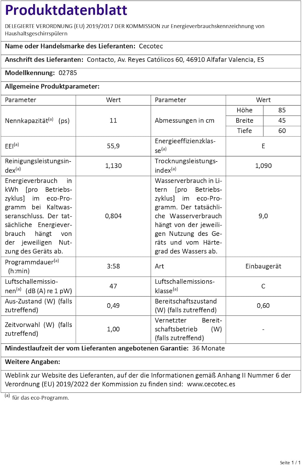 Cecotec - Bolero Aguazero 4101 Full-BI - 11 couverts - 6 programmes, faible conso, départ différé, AquaStop, 1850W, 4101