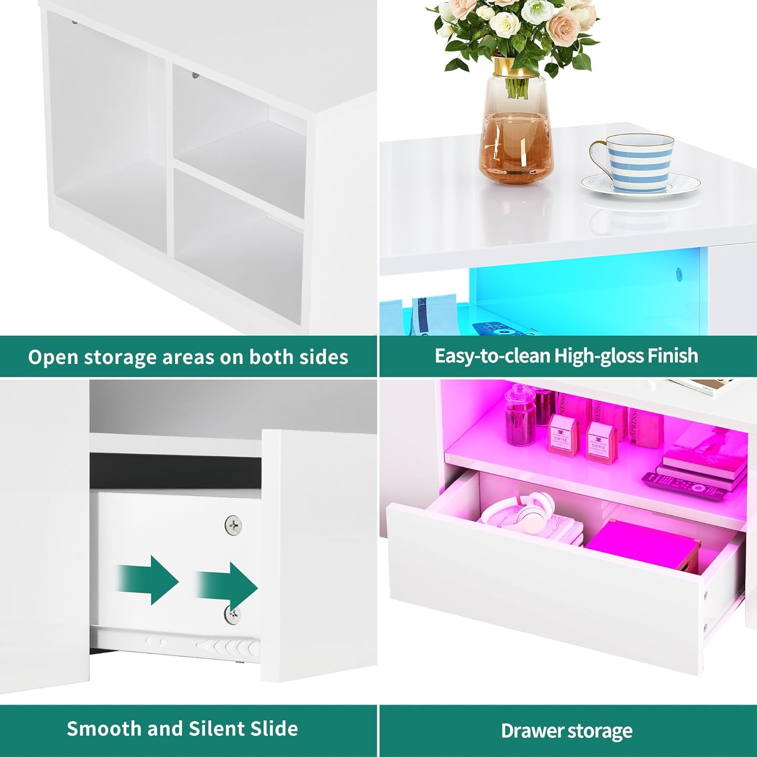 YITAHOME - table basse LED 16 couleurs, 95x55x37 cm, 2 tiroirs