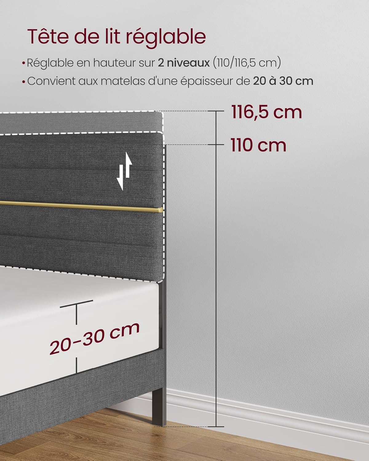 VASAGLE - lit double moderne - 140x200 cm - tête rembourrée réglable, métal et bois gris ardoise RMB504G01