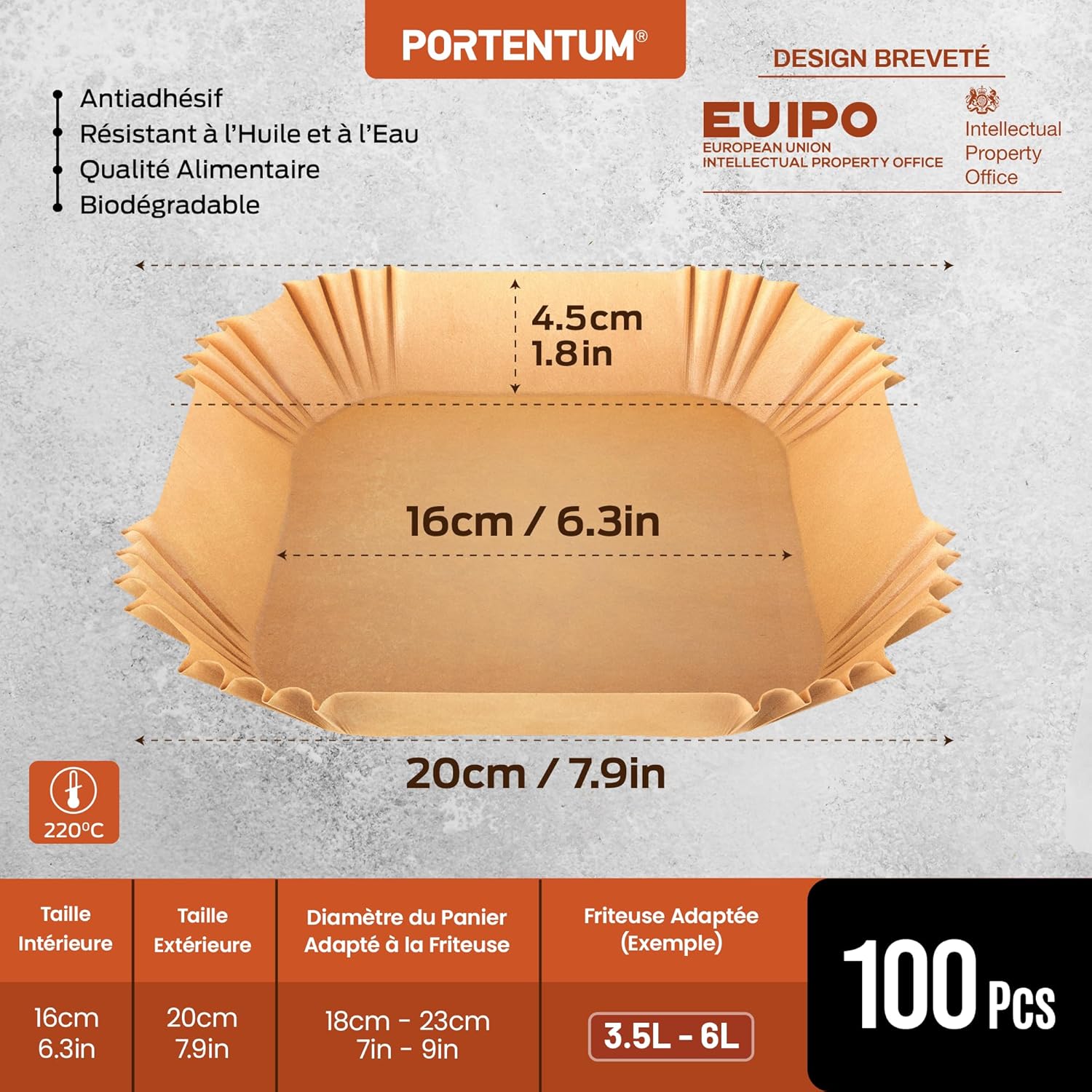 PORTENTUM - papier cuisson air fryer - 16x24cm - 100pcs BPA free