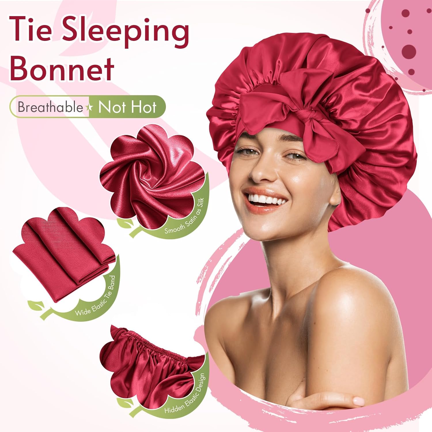 BONNET QUEEN - bonnet satin nuit réglable - moyen - bande longue, rouge