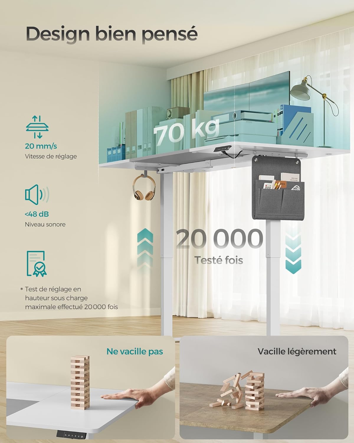 SONGMICS - Bureau électrique série assis-debout - 180x80 cm - Réglable, mémoire 4 hauteurs, USB-C, blanc/gris - LSD028WZ