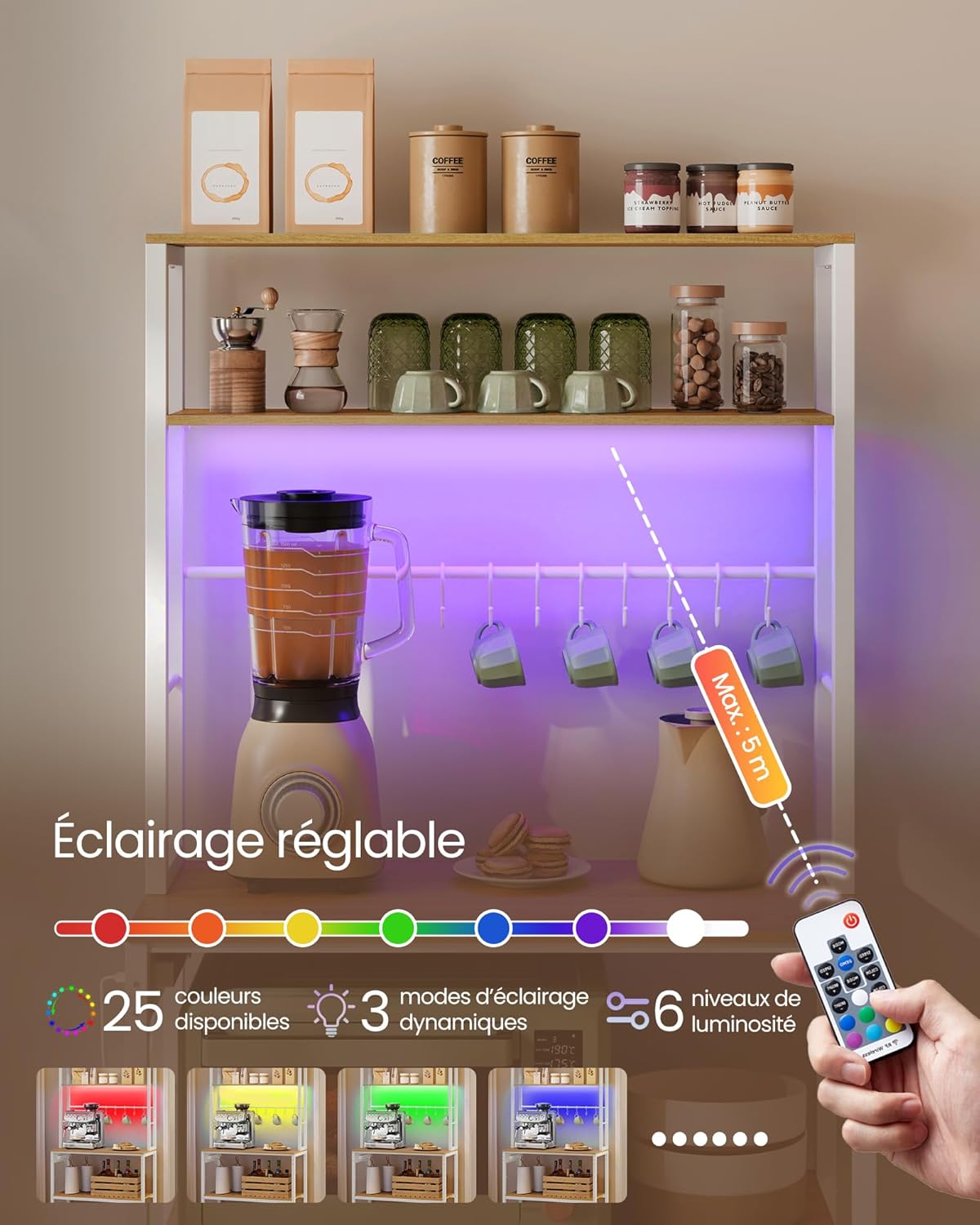 VASAGLE Étagère de Cuisine avec LED, Meuble de Cuisine avec Multiprise, Support pour Micro-Ondes avec Étagères Réglables, 8 Crochets, 40 x 80 x 168,4 cm, Doré Chêne et Blanc Mat KKS050YA01