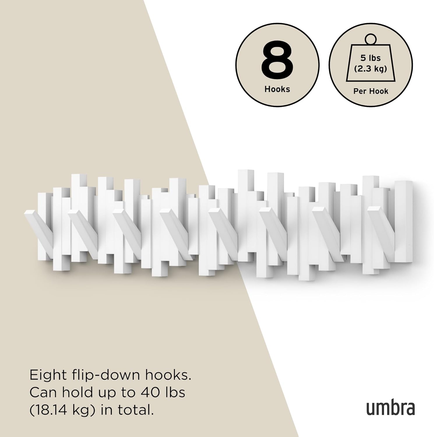 Umbra - Sticks - porte-manteau mural, 8 crochets, blanc, design contemporain