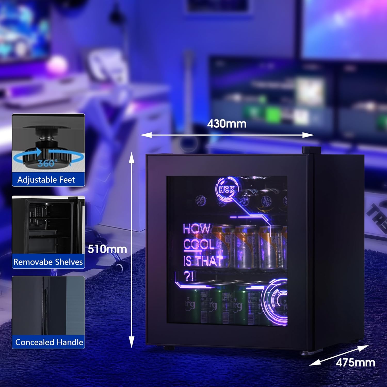 HCK - Mini Frigo Cyberpunk - 48L - Éclairage LED, 0-15°C, silencieux