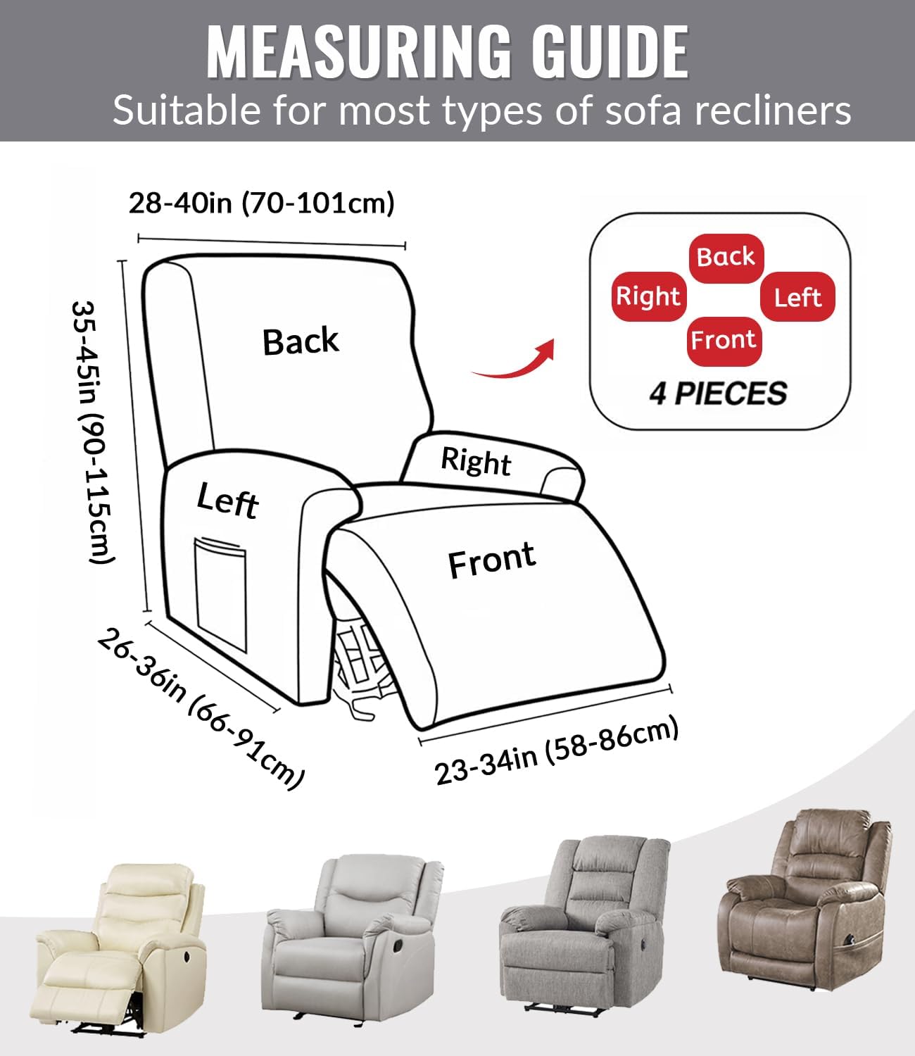 Housse de Fauteuil Relax - jacquard gris clair - extensible 4 pièces avec poches