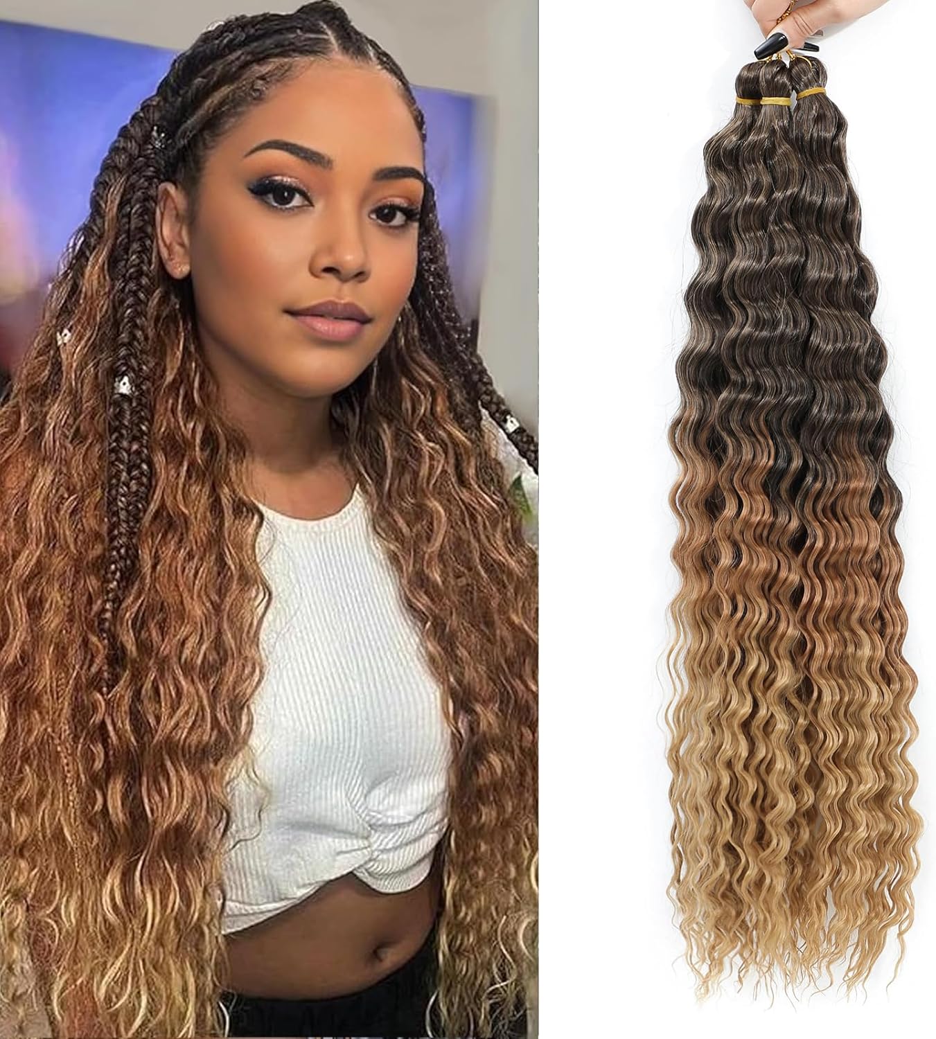 Ocean Wave cheveux Hair Extensions Deep Wave Braiding Crochet Hair Soft Synthetic Curly Braiding Crochet Hair for Black Women (18 inch (pack of 3）, 1B/30/27#)