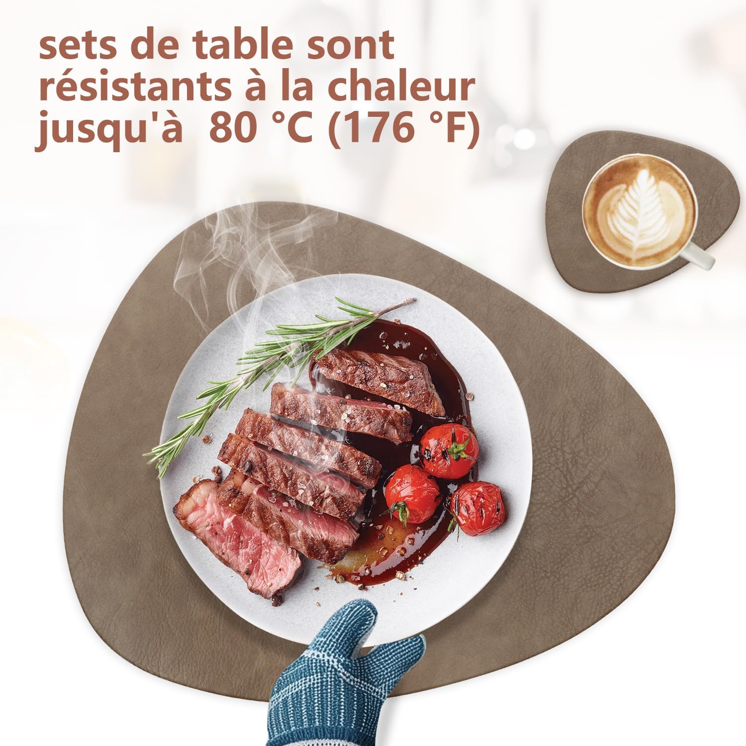 Set de table - cuir PU double face, lavable, antidérapant, 41x33cm, lot de 6