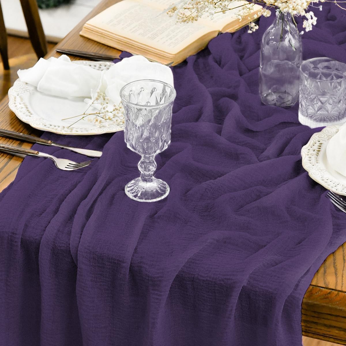 Artoid Mode - Chemins de Table Bohême - 300 cm - gaze mousseline violet, déco mariage/anniversaire