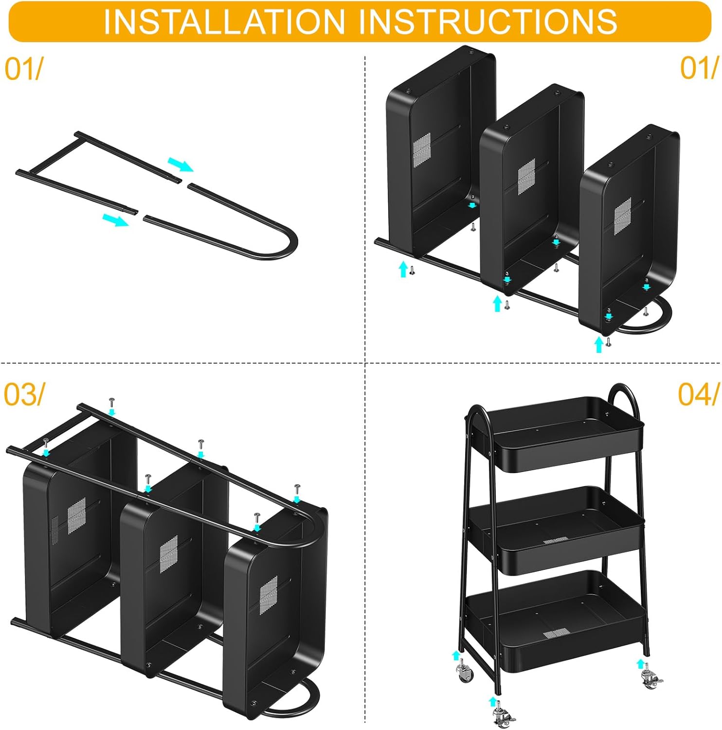 Chariot de rangement - 3 étages - métal, roulettes, polyvalent, noir