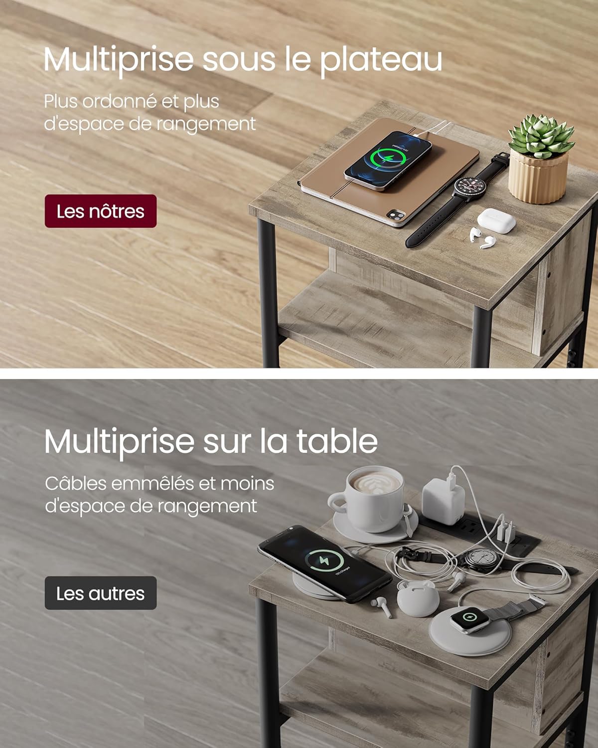 VASAGLE - Table d'appoint LET375K01 - 30x34x58cm - multiprise, 2 USB, 2 CA, marron-noir LET375K01