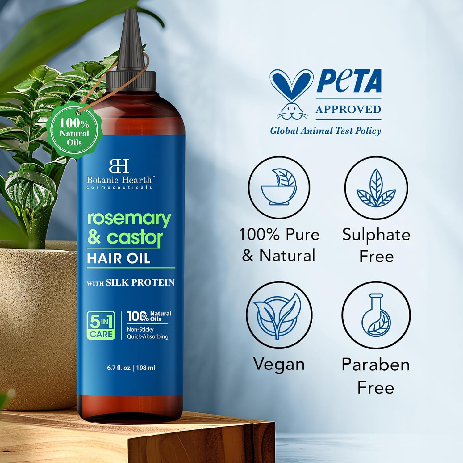 Botanic Hearth - Huile capillaire 200ml - romarin & ricin, cheveux épais, sans paraben