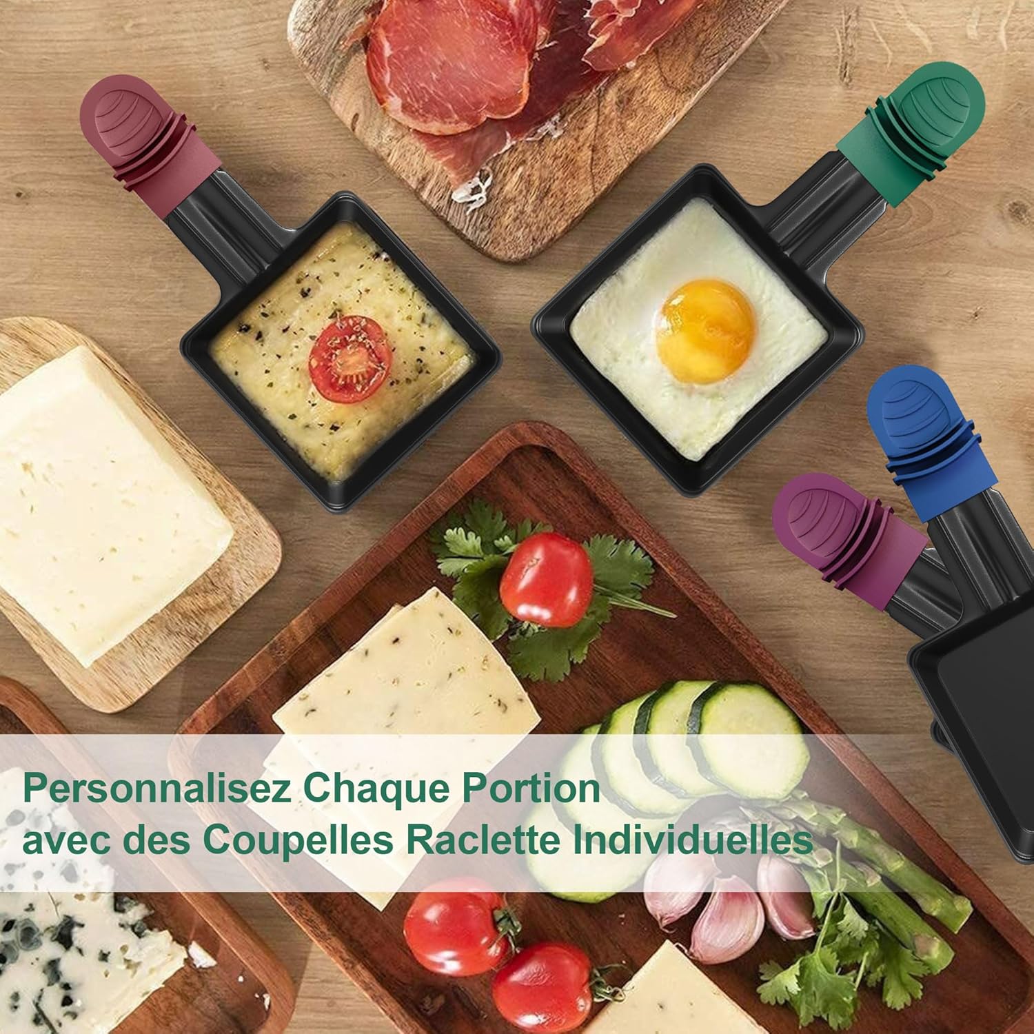 iPow - Lot de 8 poêlons raclettes carrés, revêtement antiadhésif, poignées isolées, 8 grattoirs bois