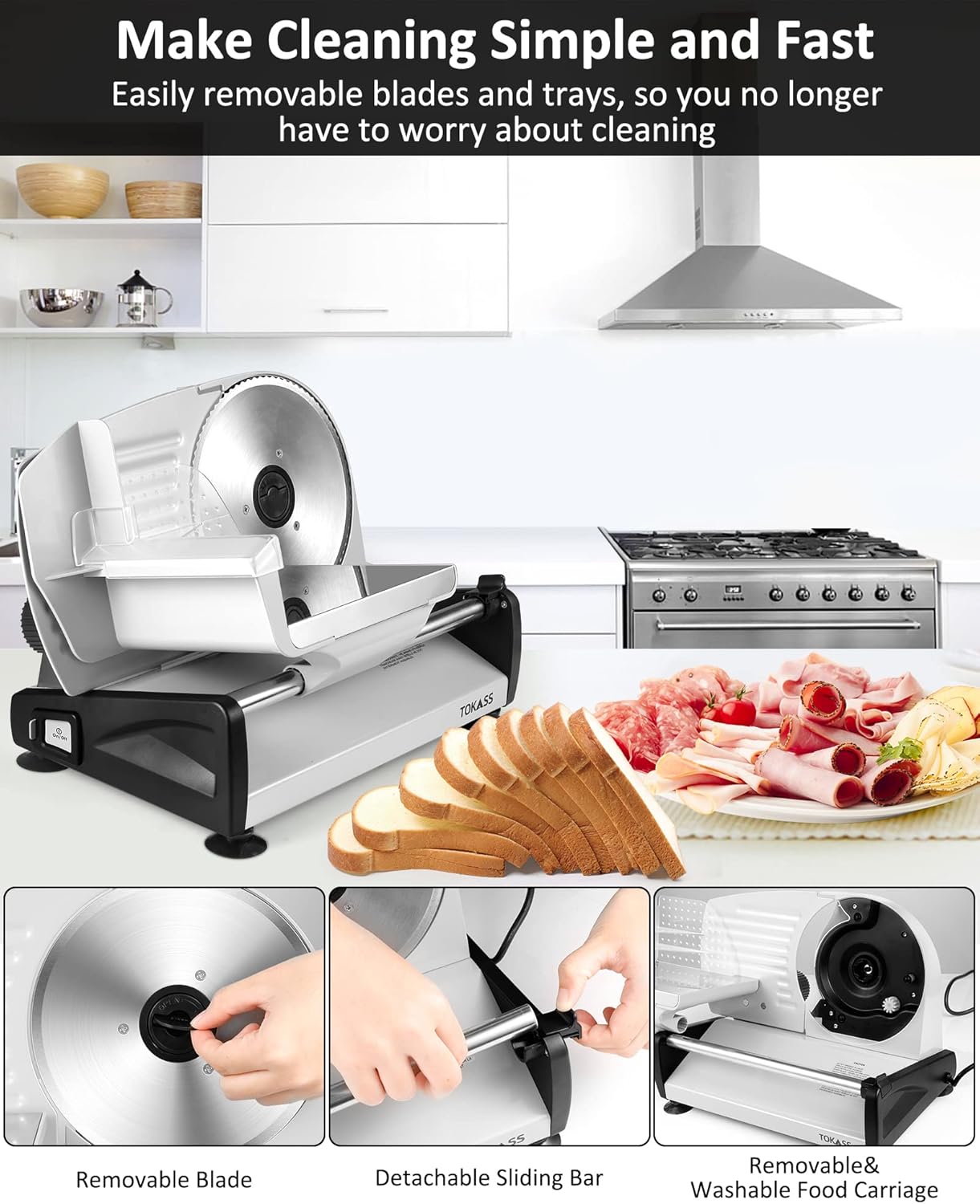 Trancheuse électrique - 200W inox, réglable 0-15mm, 2 lames, argent