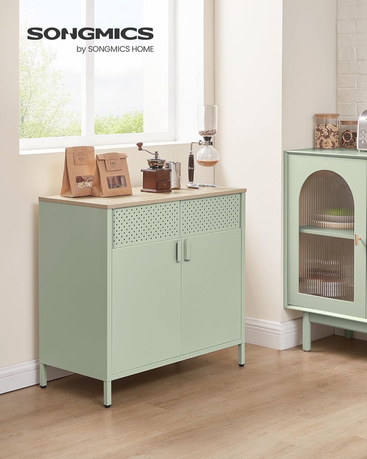 SONGMICS - buffet série métal - 40x80x76 cm - acier, portes magnétiques, vert laurier/chêne naturel LSC102C01