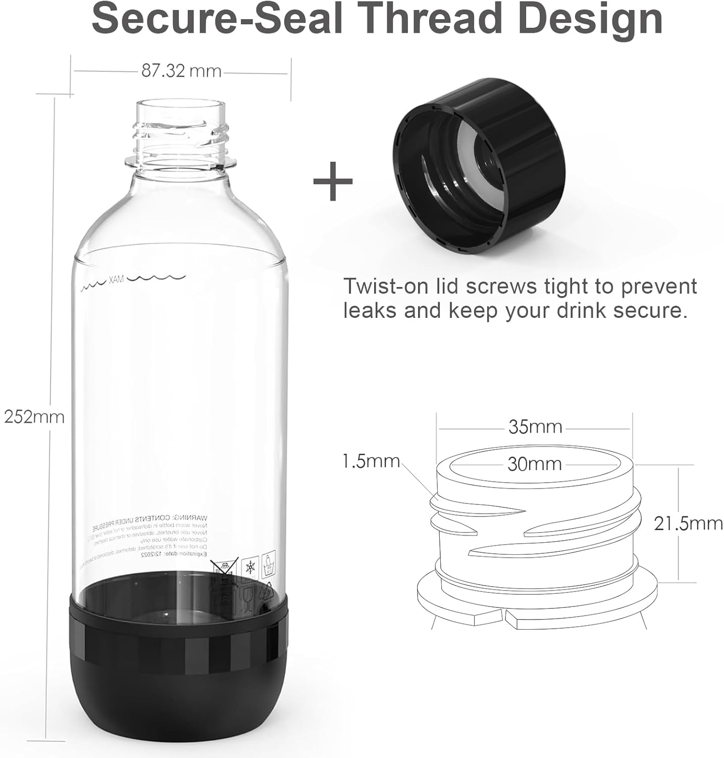 Bouteilles à soda - 1L, lot de 2, PET, réutilisables, sans BPA, noir