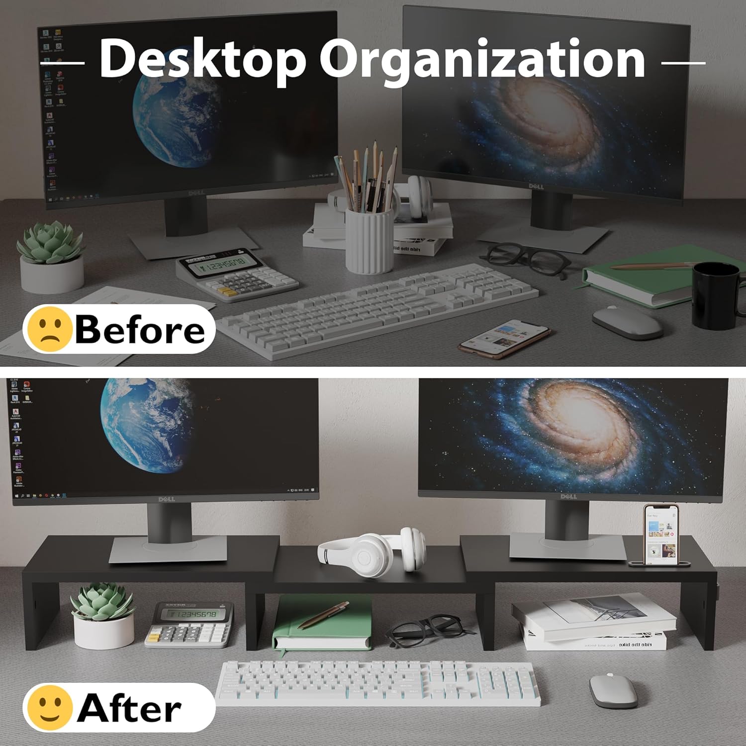 BONTEC - support moniteur double ajustable bois, noir - longueur réglable